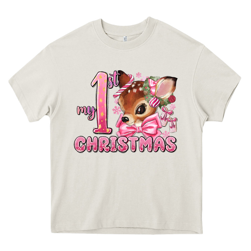 My First Christmas Pink Reindeer Heavy Core Tee by MaliasSmallBusiness | Teevron