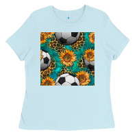 Baby Blue soccer balls and sunflowers with leopard and gemstone seamless pattern Ladies Tee - BundleAndBundleShop
