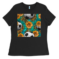 Black soccer balls and sunflowers with leopard and gemstone seamless pattern Ladies Tee - BundleAndBundleShop