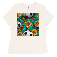 Soccer Balls And Sunflowers With Leopard And Gemstone Seamless Pattern Ladies Tee | Teevron