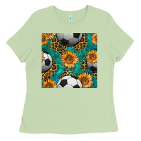 Matcha soccer balls and sunflowers with leopard and gemstone seamless pattern Ladies Tee - BundleAndBundleShop