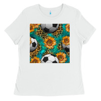 White soccer balls and sunflowers with leopard and gemstone seamless pattern Ladies Tee - BundleAndBundleShop
