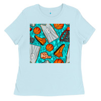 Baby Blue basketball uniform and hoop seamless pattern Ladies Tee - BundleAndBundleShop