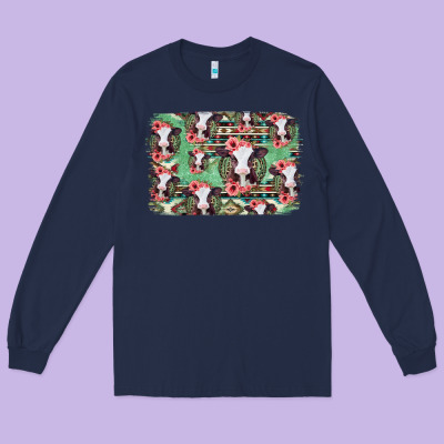 Baby Cow Floral Aztec Background Long Sleeve Tee Designed By Jasminsmagicworld