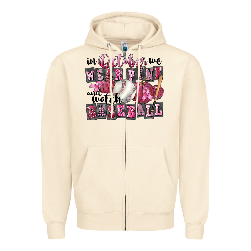 In October We Wear Pink And Watch  Baseball Zipper Hoodie by FaDigitalArtStudio | Teevron