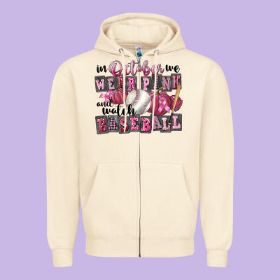 In October We Wear Pink And Watch  Baseball Zipper Hoodie Designed By Fadigitalartstudio