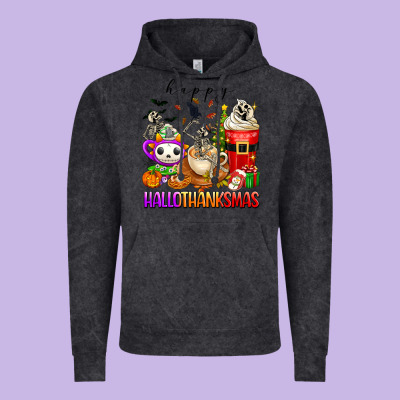 Happy Hallothanksmas Skeleton Coffee Cups Vintage Hoodie Designed By Texasbilliewilder