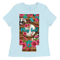Baby Blue Play Ball Baseball With Pink Flowers 12 Oz Slim Can Cooler Ladies Tee - BundleAndBundleShop