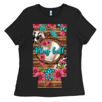 Black Play Ball Baseball With Pink Flowers 12 Oz Slim Can Cooler Ladies Tee - BundleAndBundleShop
