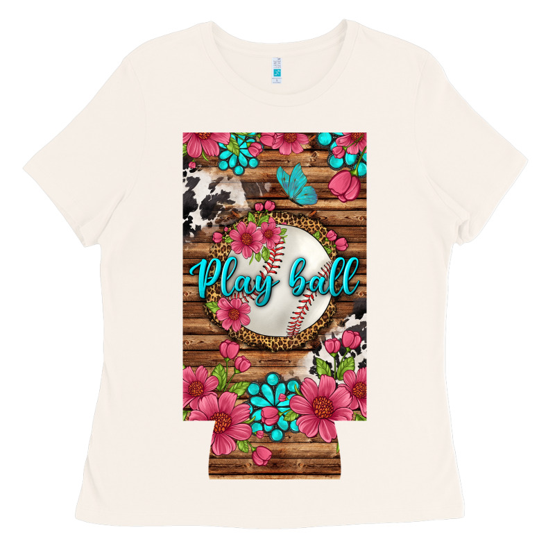 Play Ball Baseball With Pink Flowers 12 Oz Slim Can Cooler Ladies Tee by BundleAndBundleShop | Teevron