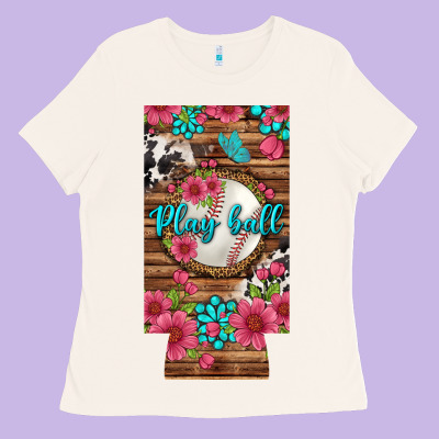 Play Ball Baseball With Pink Flowers 12 Oz Slim Can Cooler Ladies Tee Designed By Bundleandbundleshop