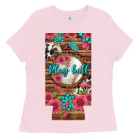 Bubblegum Pink Play Ball Baseball With Pink Flowers 12 Oz Slim Can Cooler Ladies Tee - BundleAndBundleShop