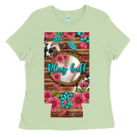 Matcha Play Ball Baseball With Pink Flowers 12 Oz Slim Can Cooler Ladies Tee - BundleAndBundleShop