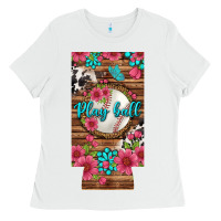 White Play Ball Baseball With Pink Flowers 12 Oz Slim Can Cooler Ladies Tee - BundleAndBundleShop