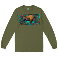 Army Green Bison with leopard and turquoise Long Sleeve Tee - RanaPortraitStore