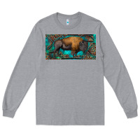 Heather Grey Bison with leopard and turquoise Long Sleeve Tee - RanaPortraitStore