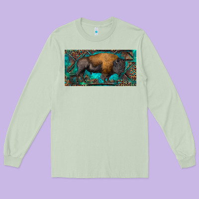 Bison With Leopard And Turquoise Long Sleeve Tee Designed By Ranaportraitstore
