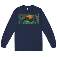 Navy Bison with leopard and turquoise Long Sleeve Tee - RanaPortraitStore