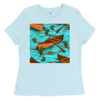 Baby Blue Lake Canoe And Fish With Reeds And Leopard Seamless Pattern Bbs Ladies Tee - BundleAndBundleShop