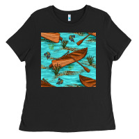 Black Lake Canoe And Fish With Reeds And Leopard Seamless Pattern Bbs Ladies Tee - BundleAndBundleShop