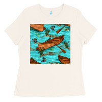 Bone Lake Canoe And Fish With Reeds And Leopard Seamless Pattern Bbs Ladies Tee - BundleAndBundleShop