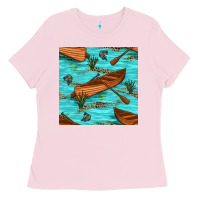 Bubblegum Pink Lake Canoe And Fish With Reeds And Leopard Seamless Pattern Bbs Ladies Tee - BundleAndBundleShop