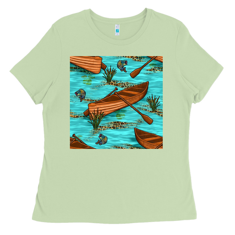 Lake Canoe And Fish With Reeds And Leopard Seamless Pattern Bbs Ladies Tee by BundleAndBundleShop | Teevron