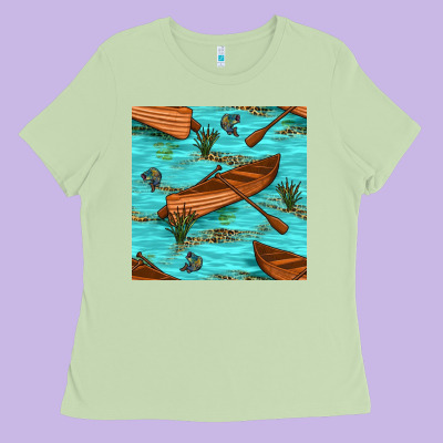 Lake Canoe And Fish With Reeds And Leopard Seamless Pattern Bbs Ladies Tee Designed By Bundleandbundleshop