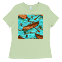 Matcha Lake Canoe And Fish With Reeds And Leopard Seamless Pattern Bbs Ladies Tee - BundleAndBundleShop