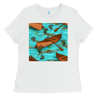 White Lake Canoe And Fish With Reeds And Leopard Seamless Pattern Bbs Ladies Tee - BundleAndBundleShop
