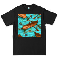 Black Lake Canoe And Fish With Reeds And Leopard Seamless Pattern Bbs Premium Tee - BundleAndBundleShop
