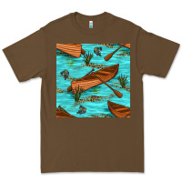 Lake Canoe And Fish With Reeds And Leopard Seamless Pattern Bbs Premium Tee | Teevron
