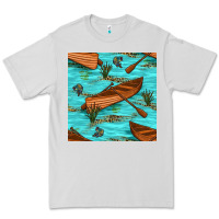 Dove Grey Lake Canoe And Fish With Reeds And Leopard Seamless Pattern Bbs Premium Tee - BundleAndBundleShop