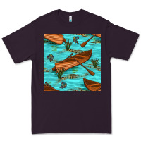 Plum Lake Canoe And Fish With Reeds And Leopard Seamless Pattern Bbs Premium Tee - BundleAndBundleShop