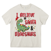 Cream i believe in santa & dinosaurs Heavy Core Tee - MaliasSmallBusiness