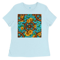 Baby Blue Lake Boat Rudder And Sunflowers Seamless Pattern Ladies Tee - BundleAndBundleShop