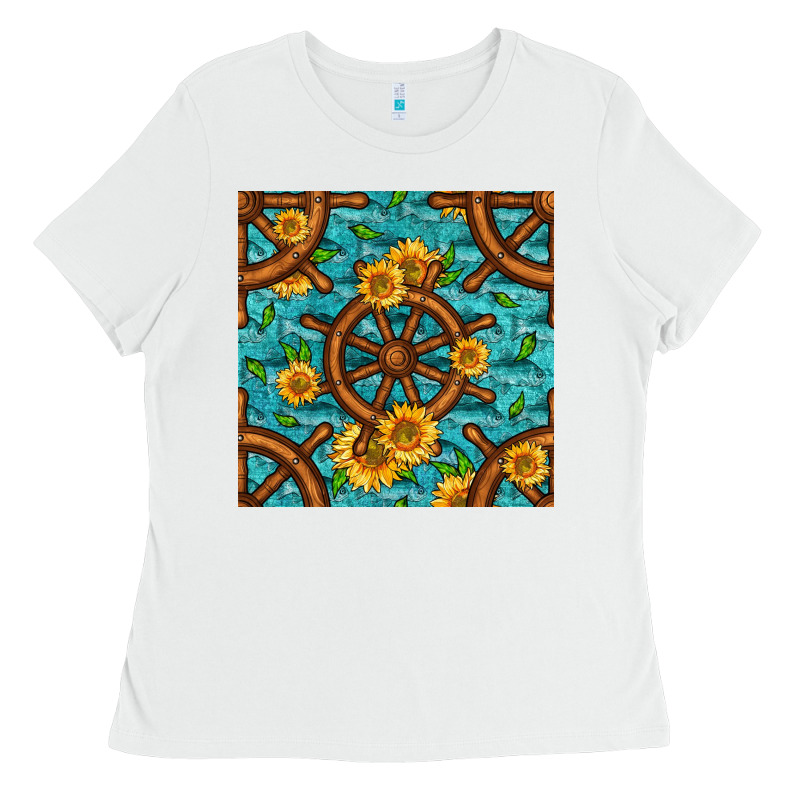Lake Boat Rudder And Sunflowers Seamless Pattern Ladies Tee by BundleAndBundleShop | Teevron