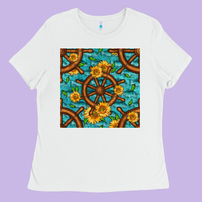 Lake Boat Rudder And Sunflowers Seamless Pattern Ladies Tee Designed By Bundleandbundleshop