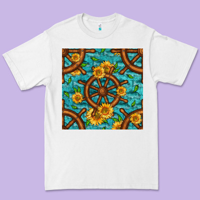 Lake Boat Rudder And Sunflowers Seamless Pattern Premium Tee Designed By Bundleandbundleshop