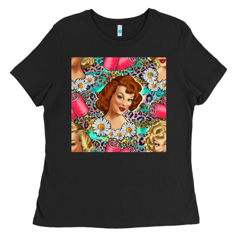 Hairdresser Western Girl And Hair Curler Seamless Pattern Bbs Ladies Tee by BundleAndBundleShop | Teevron
