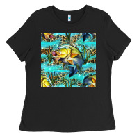 Black Lake Fish And Reeds With Leopard Seamless Pattern Bbs Ladies Tee - BundleAndBundleShop
