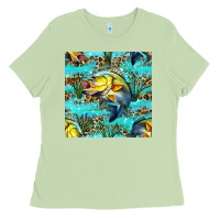 Matcha Lake Fish And Reeds With Leopard Seamless Pattern Bbs Ladies Tee - BundleAndBundleShop