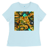 Baby Blue Leopard Digital Camera And Sunflowers With Camouflage Seamless Pattern Ladies Tee - BundleAndBundleShop