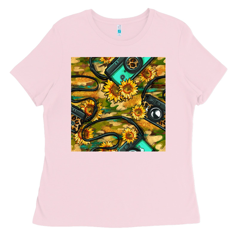 Leopard Digital Camera And Sunflowers With Camouflage Seamless Pattern Ladies Tee by BundleAndBundleShop | Teevron