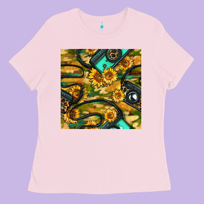 Leopard Digital Camera And Sunflowers With Camouflage Seamless Pattern Ladies Tee Designed By Bundleandbundleshop