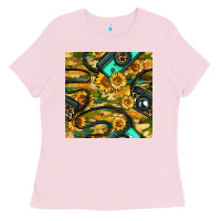 Bubblegum Pink Leopard Digital Camera And Sunflowers With Camouflage Seamless Pattern Ladies Tee - BundleAndBundleShop