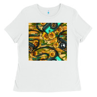 White Leopard Digital Camera And Sunflowers With Camouflage Seamless Pattern Ladies Tee - BundleAndBundleShop