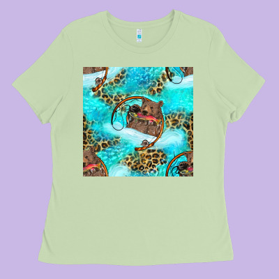 Mama Bear Hunting Fish With Leopard Seamless Pattern Ladies Tee Designed By Bundleandbundleshop