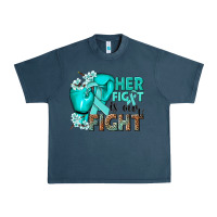 Midnight Navy Her fight is our fight Ovarian Cancer teal ribbon Urban Heavy Tee - NancyCooperArtShop