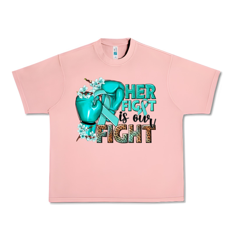 Her Fight Is Our Fight Ovarian Cancer Teal Ribbon Urban Heavy Tee by NancyCooperArtShop | Teevron